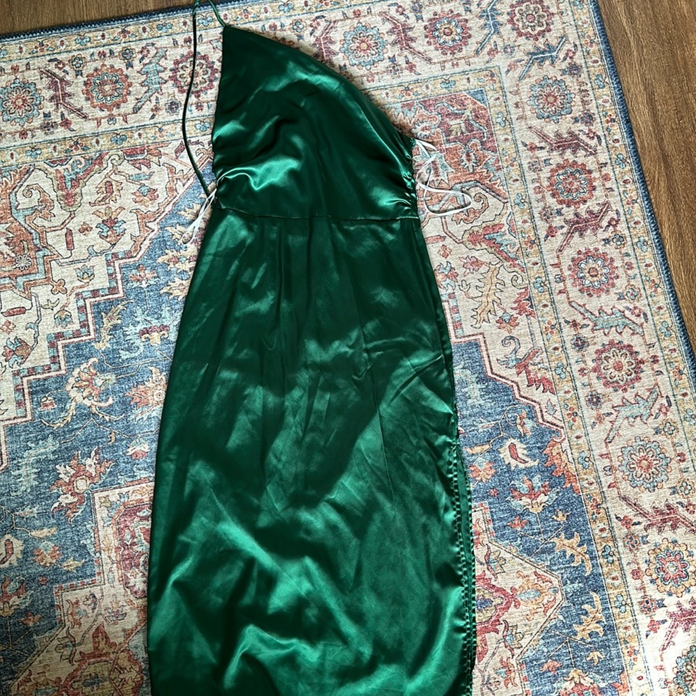Lulu's One-Shoulder Emerald Green Satin Slip Dress